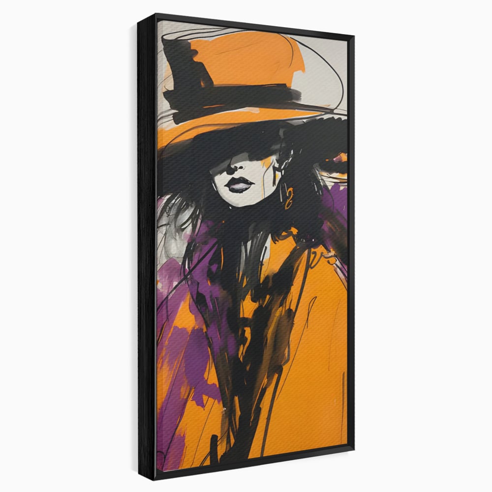 Tablou canvas cu ilustratie portret femeie cu palarie portocalie, in rama de aluminiu negru